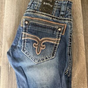 Rock Revival Indigo Jeans with Tan Stitching